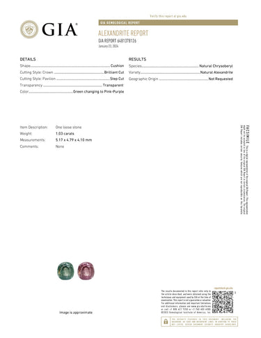 1.03ct natural alexandrite cushion gemstone with GIA report showing green to pink-purple color change